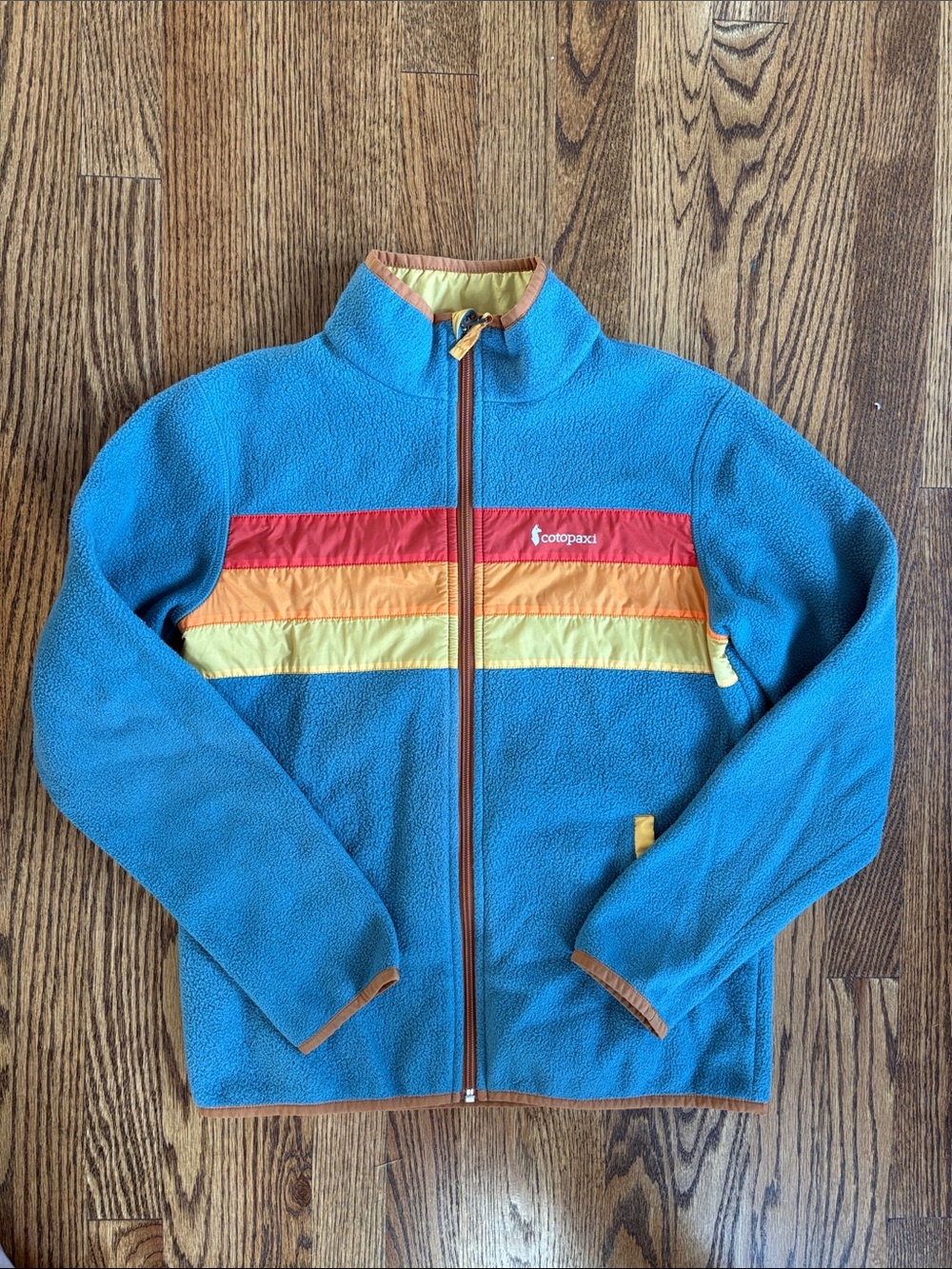 cotopaxi teal with multicolor stripe fleece jacket, size kids L, excellent cond